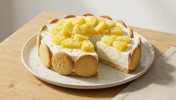 Une part généreuse de charlotte Piña Colada crémeuse avec des biscuits Maria et des morceaux d'ananas frais sur le dessus.