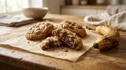Délicieux cookies dorés aux pépites de chocolat fondu et à la banane fraîchement sortis du four.