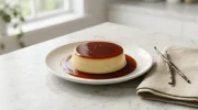 Un délicieux flan à la vanille renversé sur une petite assiette, généreusement nappé de caramel doré.