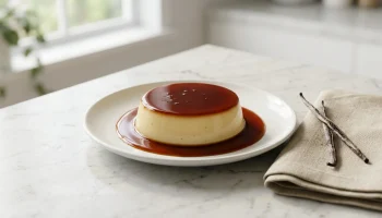 Un délicieux flan à la vanille renversé sur une petite assiette, généreusement nappé de caramel doré.