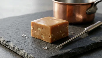 Gros plan sur des cubes de fudge onctueux aux noix de pécan sur une planche en bois.