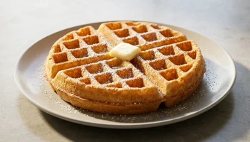 Gaufres de Bruxelles dorées et croustillantes saupoudrées de sucre glace sur une assiette.