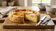 Un flan pâtissier doré et épais avec une part coupée révélant une texture onctueuse à la vanille.