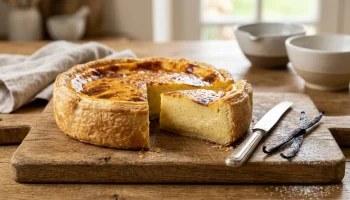 Un flan pâtissier doré et épais avec une part coupée révélant une texture onctueuse à la vanille.