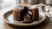 Un fondant au chocolat délicieux avec un cœur parfaitement coulant servi sur une assiette blanche élégante.