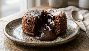 Un fondant au chocolat délicieux avec un cœur parfaitement coulant servi sur une assiette blanche élégante.