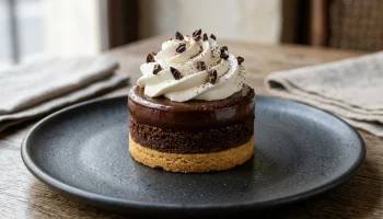 Le Gaspard, une pâtisserie tout chocolat avec ganache, crémeux et tuile au grué de cacao.