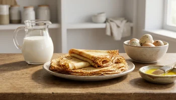 Une belle pile de crêpes fines, garnies de fruits rouges et de sucre glace.