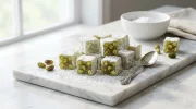 Carrés de loukoums à la pistache faits maison, généreusement enrobés de sucre glace, sur un plateau en bois