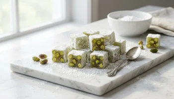 Carrés de loukoums à la pistache faits maison, généreusement enrobés de sucre glace, sur un plateau en bois