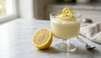 Verrines de mousse au citron décorées de zestes et de menthe fraîche sur une table en bois clair.