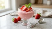 Verrines de mousse aux fraises crémeuse garnies de petits morceaux de fruits rouges frais.