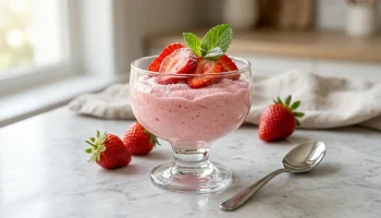 Verrines de mousse aux fraises crémeuse garnies de petits morceaux de fruits rouges frais.