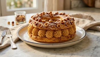 Un Paris-Brest maison garni d'une généreuse crème mousseline pralinée et de noisettes caramélisées.