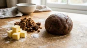 Boule de pâte sablée au sucre muscovado sur un plan de travail fariné, prête à être étalée.