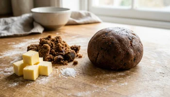 Boule de pâte sablée au sucre muscovado sur un plan de travail fariné, prête à être étalée.