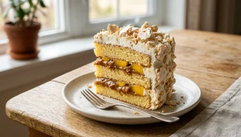 Une généreuse part de tarte Chajá avec des couches de génoise, dulce de leche, crème fouettée, pêches et éclats de meringue.