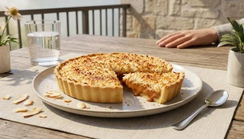 Une belle part de tarte dorée à la noix de coco et au dulce de leche servie sur une élégante assiette estivale.