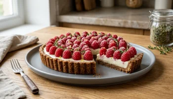 Une part de tarte aux framboises fraîches avec un crémeux au thym sur une pâte sablée croustillante au sucre muscovado.