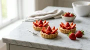 De délicieuses tartelettes aux fraises fraîches avec une crème onctueuse sur un comptoir de cuisine.
