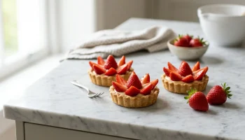De délicieuses tartelettes aux fraises fraîches avec une crème onctueuse sur un comptoir de cuisine.